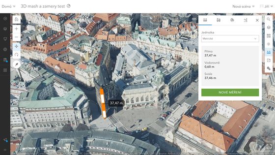 Měření v novém modelu. Obrázek ukazuje přípravnou verzi modelu, v té plné budou budovy zobrazeny s větší přesností.
