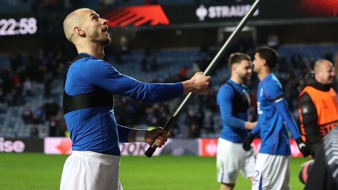 Soccer Football - Europa League - Round of 16 - Second Leg - Rangers v Fenerbahce - Ibrox, Glasgow, Scotland, Britain - March 13, 2025 Rangers' Vaclav Cerny celebrates wi