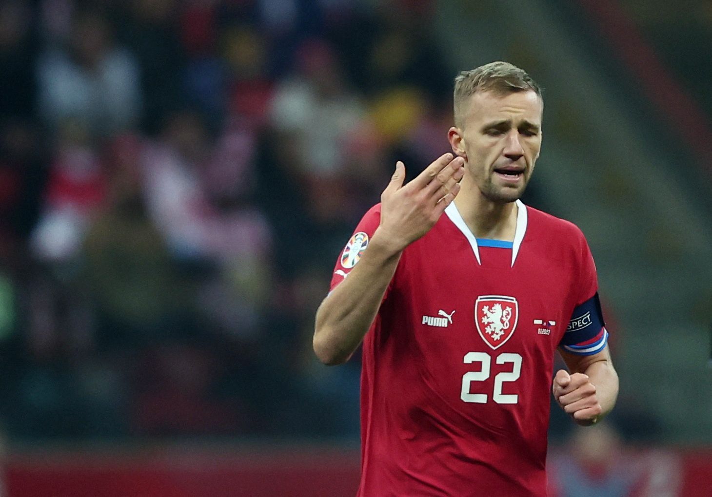 Tomáš Souček slaví gól na 1:1 v zápase kvalifikace ME 2024 Polsko - Česko