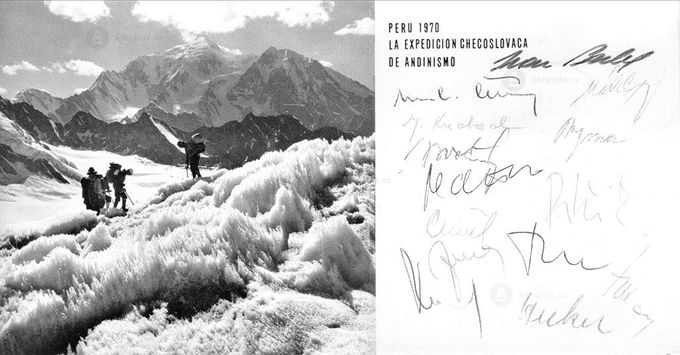 Oficiální pohlednice expedice Peru 1970 s podpisy většiny členů