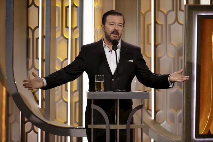 Handout photo of Ricky Gervais hosting the 73rd Golden Globe Awards in Beverly Hills