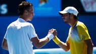 Tomáš Berdych a Guillaume Rufin se zdravím po svém prvním setkání na turnaji ATP.