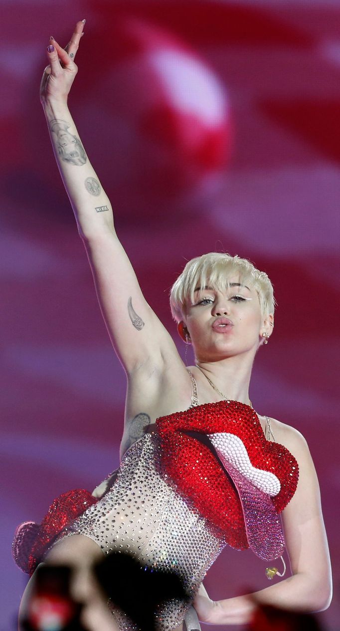 U.S. singer Miley Cyrus performs at the O2 Arena in central London