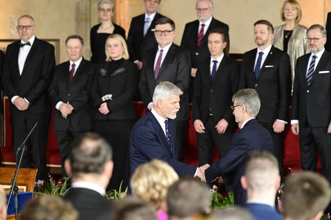 Společná schůze obou komor Parlamentu, na které nově zvolený prezident Petr Pavel složil slib do rukou předsedy Senátu Miloše Vystrčila (ODS), 9. března 2023, Vladislavsk