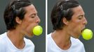 Italská tenistka Francesca Schiavoneová ochutnává míček v osmifinálovém utkání Wimbledonu 2012 s Češkou Petrou Kvitovou.