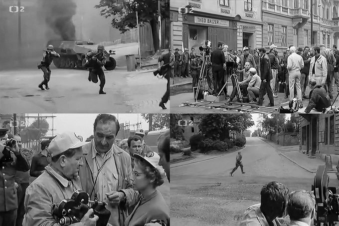 Reprofoto z dobového dokumentu Československé televize o natáčení amerického filmu Most u Remagenu v Mostě a Davli v roce 1968. Koláž