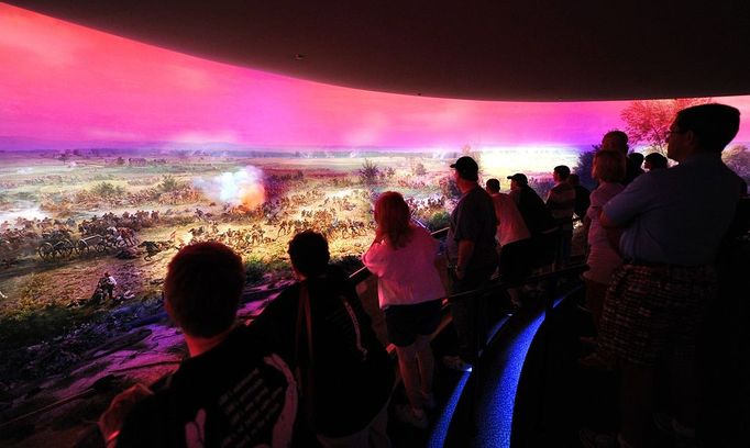 Image: 0077869194, License: Rights managed, Tourists view the newly restored cyclorama painting; an immersive 360° cylindrical painting which places the viewer in the middle of "Picket's Charge" on August 13, 2010 at the Gettysburg National Military Park Museum and Visitor Center in Gettysburg Pennsylvania. The Battle of Gettysburg was a turning point in the US Civil War, the Union victory in the summer of 1863 that ended General Robert E. Lee's second and most ambitious invasion of the North. Often referred to as the "High Water Mark of the Rebellion", it was the war's bloodiest battle with 51,000 casualties. It also provided US President Abraham Lincoln with the setting for his most famous address., Place: UNITED STATES, Model Release: No or not aplicable, Credit line: Profimedia.cz, AFP