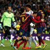 Barcelona's Messi and Neymar celebrate a goal as Real Madrid's Pepe holds the neck of Fabregas and goalkeeper Lopez looks on during La Liga's second 'Clasico' soccer match of the season in Madrid