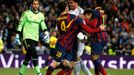 Barcelona's Messi and Neymar celebrate a goal as Real Madrid's Pepe holds the neck of Fabregas and goalkeeper Lopez looks on during La Liga's second 'Clasico' soccer matc