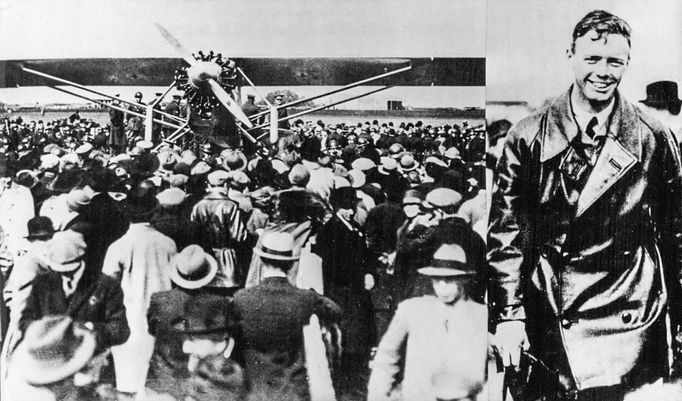 Davy lidí vítají Charlese A. Lindbergha po jeho přistání v Paříži, kam doletěl sólo letem z New Yorku. Rok 1927. Koláž dvou snímků.