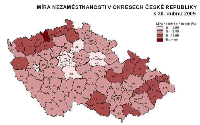 Míra nezaměstnanosti podle okresů