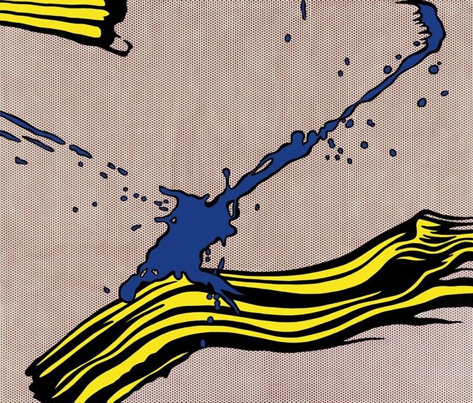 Roy Lichtenstein: Brushstroke with Spatter, 1966. Trochu sofistikovanější je reakce na expresivní abstrakci. Lichtensteina bavilo trávit hodiny a hodiny pečlivou malbou tahu štetce, který vznikl během zlomku vteřiny.