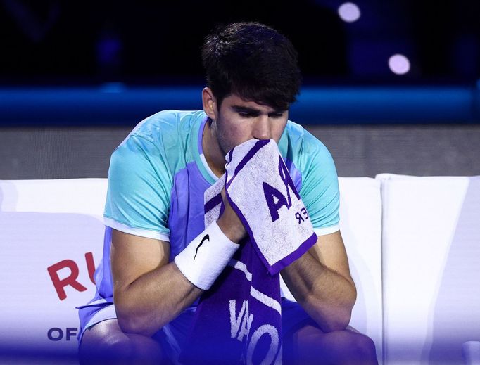 Tennis - ATP Finals - Inalpi Arena, Turin, Italy - November 11, 2024 Spain's Carlos Alcaraz reacts during his men's singles group stage match against Norway's Casper Ruud