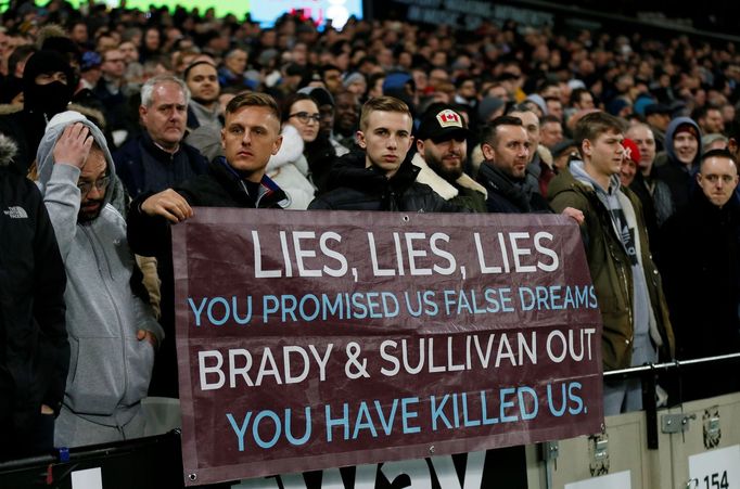 Soccer Football - Premier League - West Ham United v Liverpool - London Stadium, London, Britain - January 29, 2020   West Ham United fans display a banner in reference t