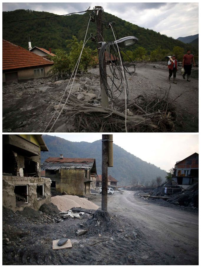 Bosna povodně 2014. Zničené elektrické vedení při záplavách - 20.května 2014 (nahoře). Stejné místo po povodních zachyceno 8.října 2014 (dole).