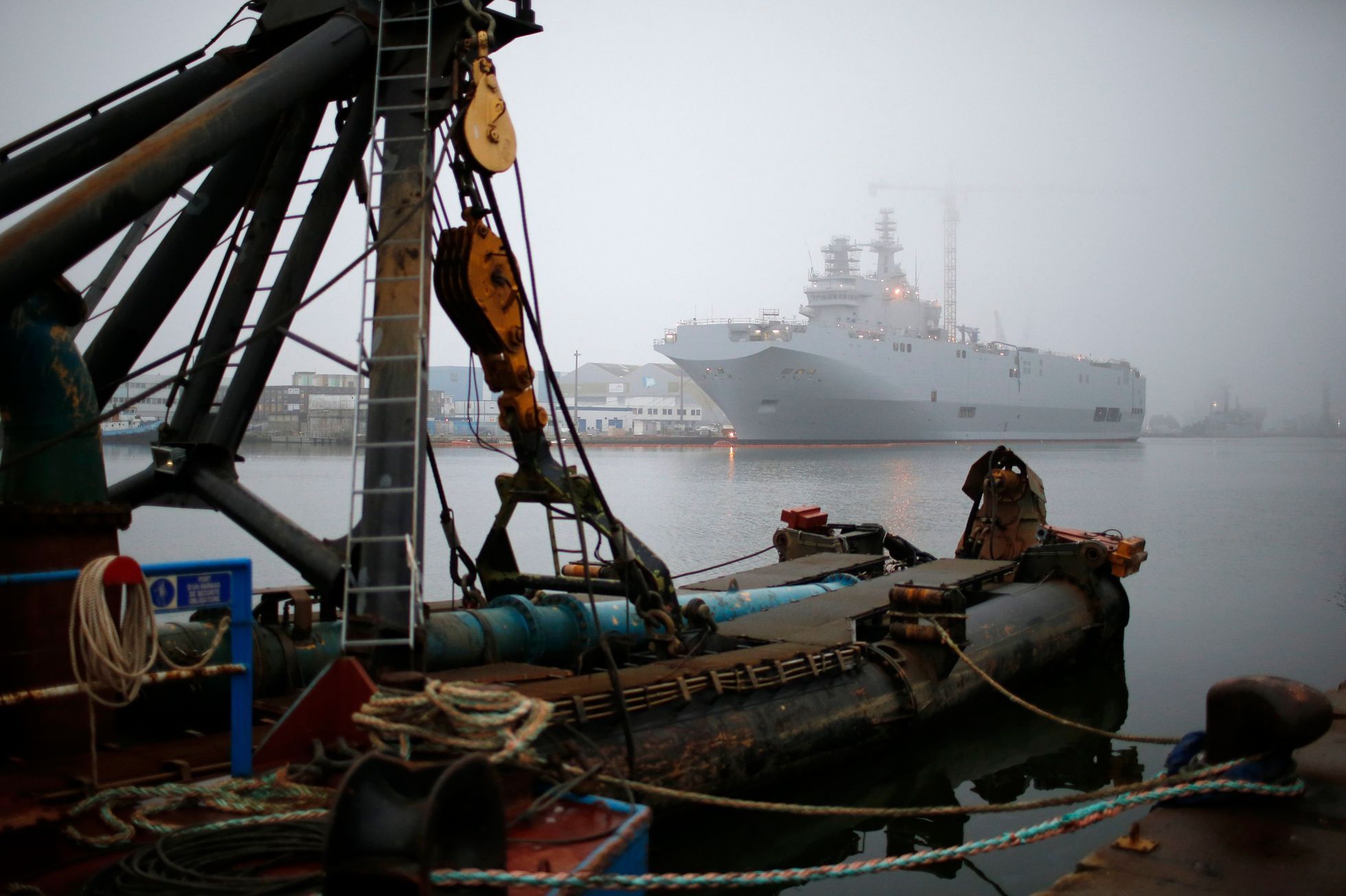 The Mistral-class helicopter carrier Sevastopol is seen at the STX Les Chantiers de l'Atlantique shipyard site in Saint-Nazaire