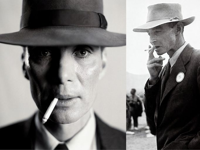 Herec Cillian Murphy jako J. Robert Oppenheimer (vlevo) a fotografie skutečného Oppenheimera (vpravo). Koláž