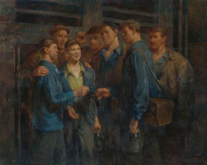 Jaromír Schoř: Před první směnou, 1950, olej, plátno, 160x200 cm.