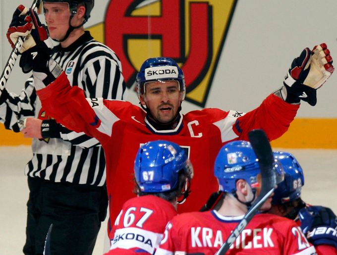 Tomáš Plekanec se raduje po gólu v utkání MS v hokeji 2012 Česko - Dánsko.