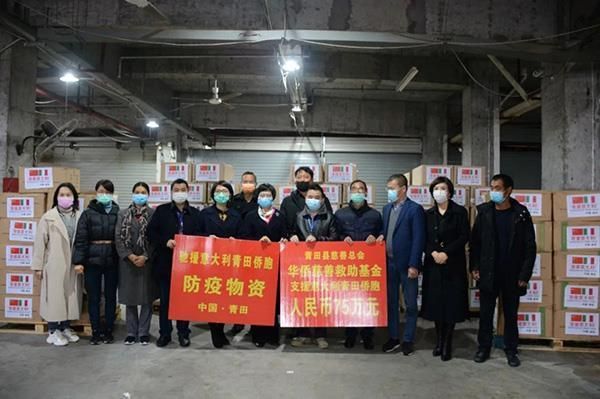 The left sign reads "Aid for Qingtianese living in Italy. Protective material against the virus. Qingtian, China."