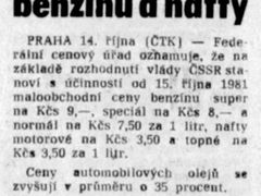 Rudé právo 14. října 1981 o zdražení pohonných hmot.