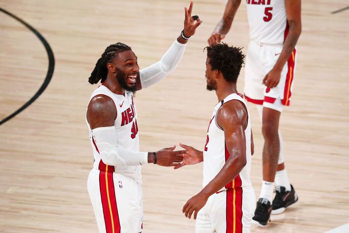 Sep 17, 2020; Lake Buena Vista, Florida, USA; Miami Heat forward Jae Crowder (99) holds up two fingers after winning game two of the Eastern Conference Finals of the 2020