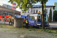Vykolejená tramvaj se zastavila až na chodníku o strom