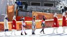 Anna Veithová, Ester Ledecká a Tina Weiratherová na stupních vítězů v super-G na ZOH 2018