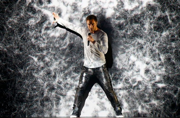 Mans Zelmerlow representing Sweden performs during a dress rehearsal for the second semifinal of the upcoming 60th annual Eurovision Song Contest in Vienna