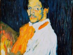 Autoportrét oslavovaný kritiky na uspěšné Vollardově výstavě. V levém horním rohu si všimněte nápisu YO (španělsky já), kterým malíř doprovodil svůj podpis. Spolu s odhodlaným výrazem v očích lze plátno číst jako prohlášení, v němž se Picasso rozhodl stát velkým umělcem. Pablo Picasso: Autoportrét (Yo - Picasso), 1901