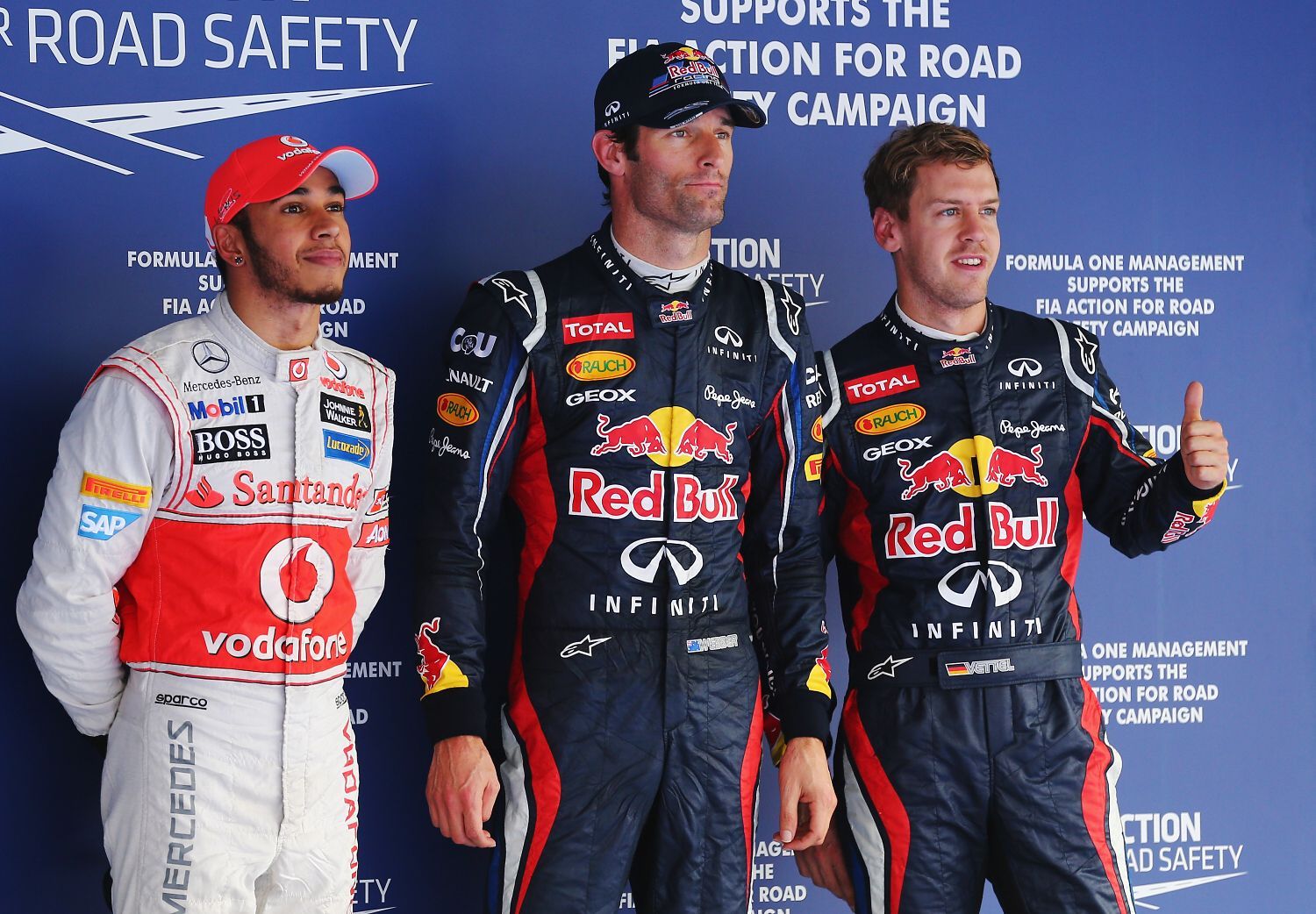 Lewis Hamilton, Mark Webber a Sebastian Vettel
