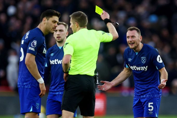 Soccer Football - Premier League - Sheffield United v West Ham United - Bramall Lane, Sheffield, Britain - January 21, 2024 West Ham United's Vladimir Coufal is shown a y