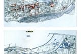 Rozvoj tehdejších pražských předměstí ukazuje i proměna Karlína mezi lety 1841 (červeně zbarvené budovy) a 1948 (modré). Na plánech jako orientační bod od středu vpravo svítí čtvercový objekt Invalidovny, dnešní centrum města je směrem vlevo.