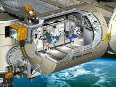 Tak bude podle představ kreslíře vypadat práce astronautů v laboratoři Columbus připevněné k Mezinárodní vesmírné stanici (modul je zobrazen ve schematickém průřezu).