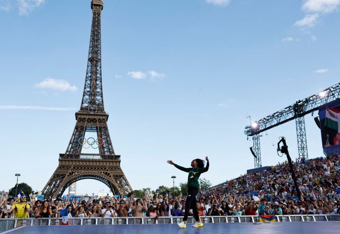 Paris 2024 Olympics - Champions Park medallists celebrations  - Champions Park, Paris, France - August 06, 2024. Athletics - women's triple jump gold medallist Thea Lafon