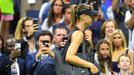 Aug 26, 2019; Flushing, NY, USA; Maria Sharapova of Russia hits to Serena Williams of the USA in the first round on day one of the 2019 U.S. Open tennis tournament at UST