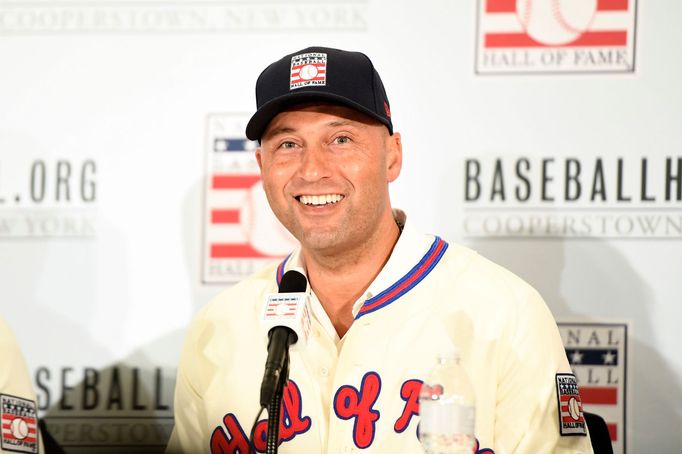 Jan 22, 2020; New York, New York, USA;  Former New York Yankees shortstop Derek Jeter answers questions during the Hall of Fame induction press conference at St. Regis Ho