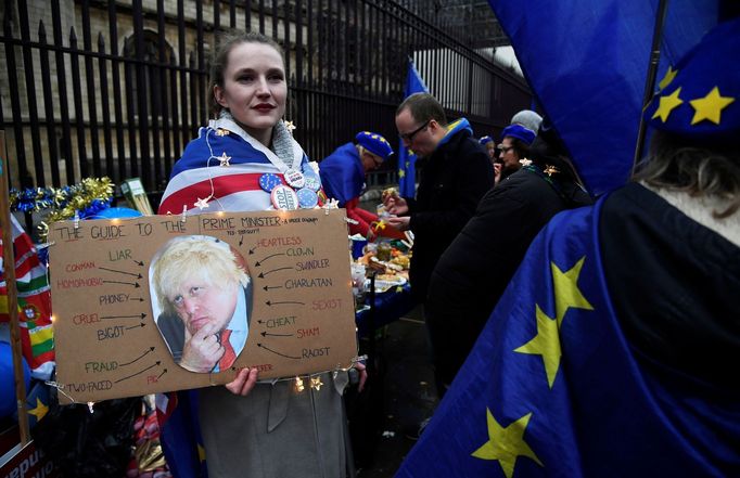 Protest před britským parlamentem pár dní před brexitem.