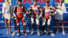 Tři nejrychlejší muži MS superbiků v sobotní superpole (zleva): T.Corser (1:58.451), T.Bayliss (1:58.345) a M.Fabrizio (1:58.853).