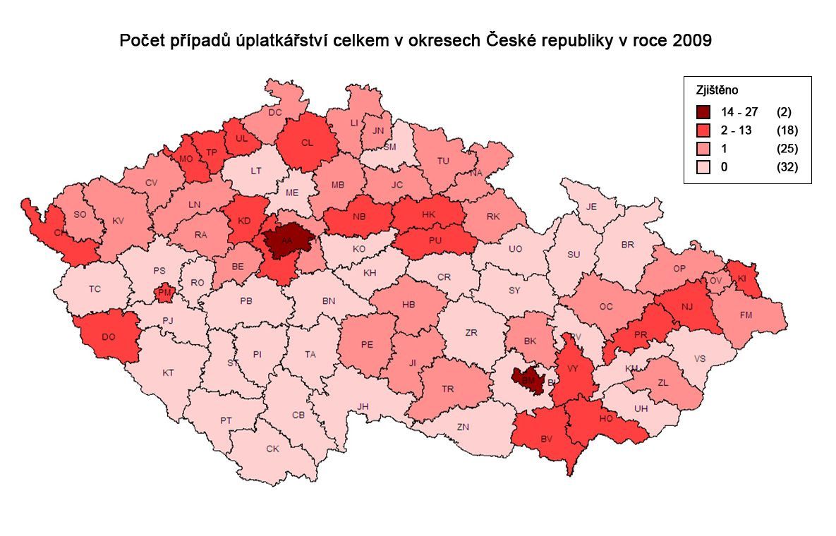 mapa - Počet případů úplatkářství celkem v okresech ČR v roce 2009