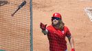 Jul 6, 2020; Philadelphia, Pennsylvania, United States; Philadelphia Phillies right fielder Bryce Harper catches a bat during workouts at Citizens Bank Park. Mandatory Cr