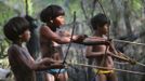 Yawalapiti tribe children attempt to spear fish in the Xingu National Park, Mato Grosso State, May 7, 2012. IIn August the Yawalapiti tribe will hold the Quarup, which is a ritual held over several days to honour in death a person of great importance to them. This year the Quarup will be honouring two people - a Yawalapiti Indian who they consider a great leader, and Darcy Ribeiro, a well-known author, anthropologist and politician known for focusing on the relationship between native peoples and education in Brazil. Picture taken May 7, 2012. REUTERS/Ueslei Marcelino (BRAZIL - Tags: SOCIETY ENVIRONMENT) ATTENTION EDITORS - PICTURE 04 OF 28 FOR PACKAGE 'LIFE WITH THE YAWALAPITI TRIBE' TEMPLATE OUT Published: Kvě. 15, 2012, 5:09 odp.