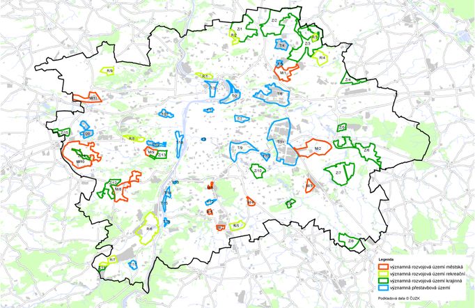 Tato mapa současného návrhu nového územního plánu ukazuje, kde jsou významné rozvojové oblasti Prahy