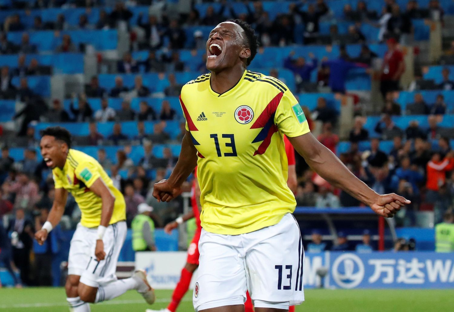 Yerry Mina slaví gól v zápase Kolumbie - Anglie na MS 2018