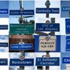 Combination photograph shows Los Angeles area street signs which mark the boundaries of neighbourhoods in Los Angeles, Long Beach and San Pedro, California