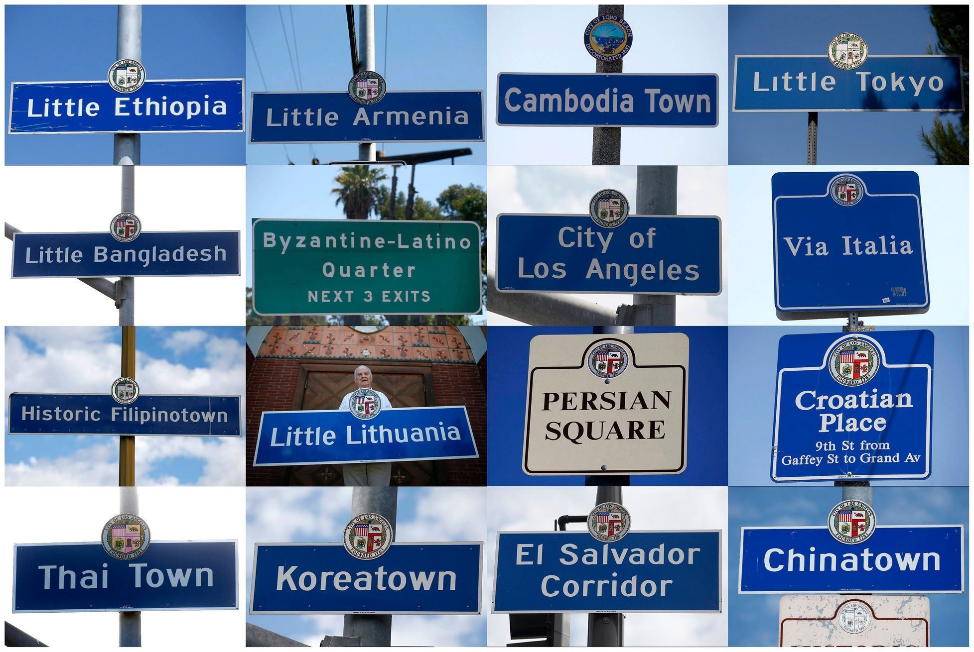 Combination photograph shows Los Angeles area street signs which mark the boundaries of neighbourhoods in Los Angeles, Long Beach and San Pedro, California