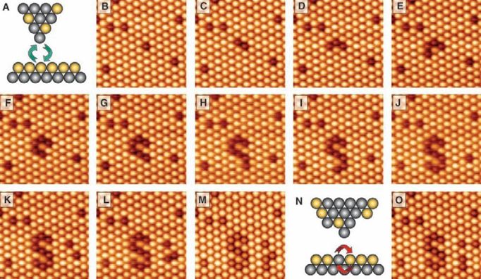 Postupný přenos tmavých atomů křemíku do cínového podkladu. Vzniká nápis Si (značka křemíku).