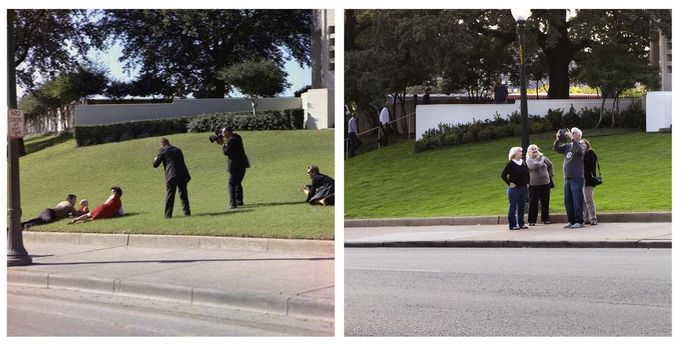 A combination picture shows (L) Bill and Gayle Newman, civilian eyewitnesses to the assassination of President John F. Kennedy, covering their children as CBS News photographer Tom Craven (C) and White House photographer Tom Atkins (R) take pictures in Dealey Plaza after shots were fired at Kennedy on November 22, 1963 in this White House handout photograph, and (R) visitors to Dealey Plaza using a tablet computer to photograph the site where President John F. Kennedy was shot nearly 50 years earlier, in Dallas Texas on November 10, 2013.