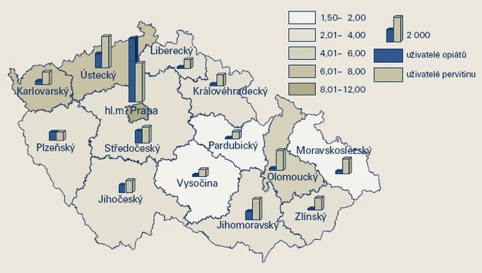 Počet problémových uživatelů drog na 1000 obyvatel ve věku 15-64 let a podíl problémových uživatelů opiátů a pervitinu v krajích ČR v r. 2005 (Národní monitorovací středisko pro drogy a drogové závislosti, 2006a)