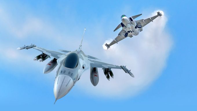 Který z nich bude chránit vzdušný prostor nad Českem? Americký stroj F-16, anebo - jako až dosud - ten švédský, JAS-39 Gripen (zleva)?
